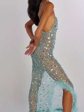 Sheer Sequin Bodycon Dress with Spaghetti Straps